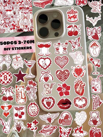 50张/包 手绘红色情人节贴纸，PVC材质，每张3-7厘米，创意美学设计，每张独一无二，适用于装饰日记本、平板电脑、笔记本电脑、手机壳、笔记本、Kindle、铅笔盒、摩托车、滑板、剪贴簿、吉他、午餐盒、手机壳、移动电源、耳机盒、冰箱贴、汽车贴纸，适合青少年和成人DIY装饰