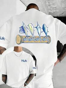 HUK Men's Fishing Shirt, Everyday Y2K Style Clothing, For Fishing Enthusiasts, Streetwear, Summer Men's Clothing, Pure Cotton Printed T-Shirt - White - View 1
