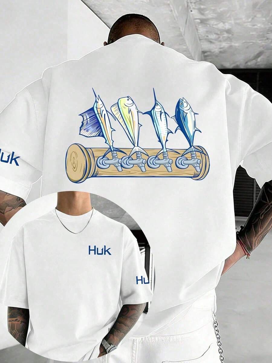 HUK Men's Fishing Shirt, Everyday Y2K Style Clothing, For Fishing Enthusiasts, Streetwear, Summer Men's Clothing, Pure Cotton Printed T-Shirt - White - View 1
