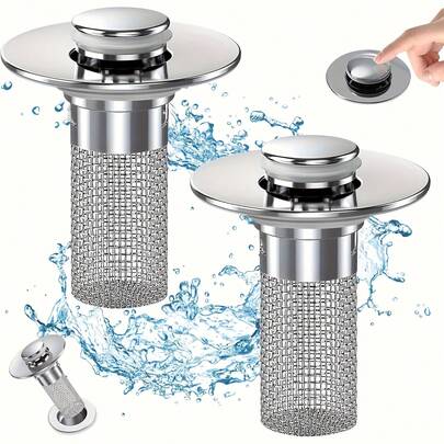 2pcs Stainless Steel Pop-Up Sink Drain Filter, With Removable Basket, Suitable For Bathtub/Shower Drain, Hair Catcher To Prevent Clogging, Easy To Replace And Clean Without Chemicals
