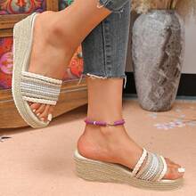 Women's Platform Slide Sandals, New Summer Fashion Thick Bottom Woven Linen Beaded One-Strap Beach Holiday Slippers - Beige - View 3