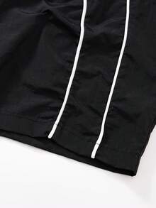 Men's Fashionable Black Woven Shorts, Suitable For Spring/Summer Daily Wear, Running And Sports Competitions. Striped Capri Inseam, Paired With Minimalist Elastic Drawstring For A Streetwear Style. - Black - View 6
