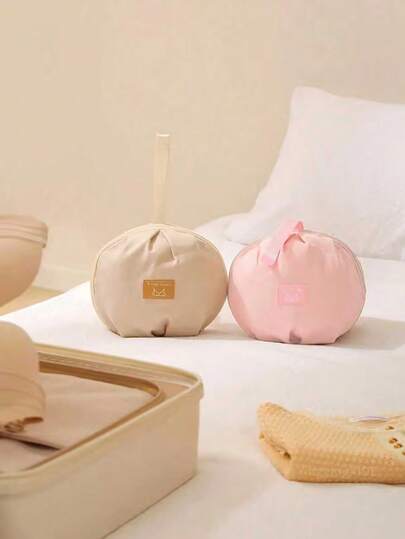 1pc Honey Girl Style Bra Storage Bag, Lightweight And Portable, Multi-Compartment Design, Efficient Storage For Bras And Panties, Handheld Or Hanging, Ideal For Travel And Home Organization, Beige, Zipper Closure, Bra Storage Bag