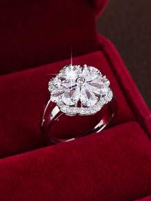 1 pieza Anillo con diseño de flor de nicho, banda de lujo con diamante falso, anillo elegante para ir al trabajo/compromiso/boda para mujeres - anillo - Ver 6