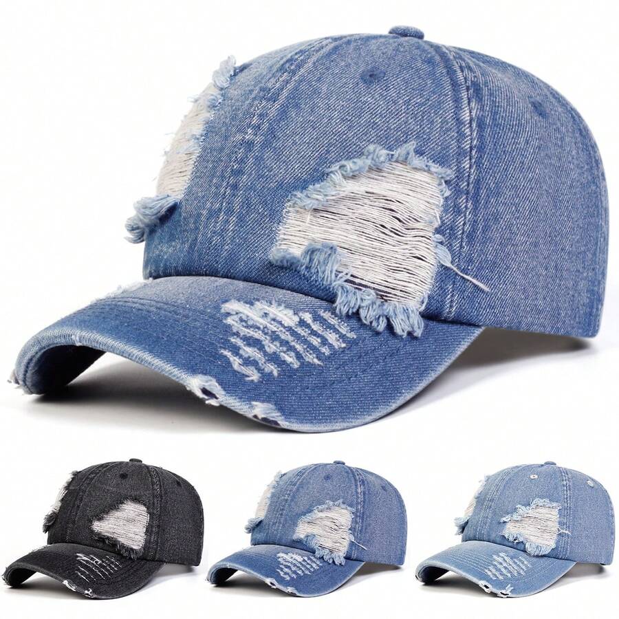1pc Women's Distressed Washed Denim Baseball Cap, Street Fashion Hat, Outdoor Sun Protection Casual Cap For Spring/Autumn Travel, Beach Vacation,Summer,Holiday,Festival - Multicolor - View 1