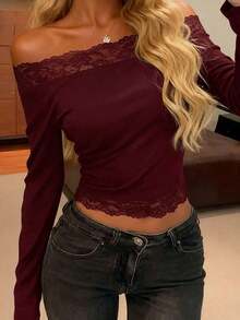 Women's Summer Tops Black Lace Trim Off-Shoulder Long Sleeve Casual Blouse, Suitable For Birthday Party, Party, Valentine's Day, Date, Travel, Vacation, Beach And Other Occasions Spring - 酒紅色 - 查看 2