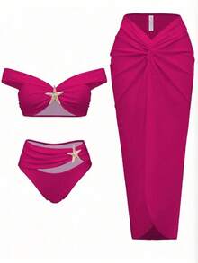 2026 New European And American Starfish Print Two-Piece Swimsuit With Long Skirt Three-Piece Bikini Set - Xanh đậm - Xem 9