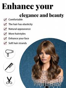 16" Medium Wavy Chestnut Brown Wig With Bangs, Fluffy Heat Resistant Synthetic Wig For Women Daily & Cosplay Party - Brown - View 9