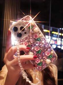 Rhinestone Flower Phone Case (With Chain) - Full Rhinestone + 3D Flower Pearl Design: Luxurious, Dazzling, Exquisite And Eye-Catching,International Version, Not The Domestic Version - Multicolor - View 4