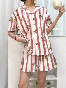 2pcs Women Pajama Set, Cute Dog Print Striped Short Sleeve Top And Shorts, Casual Comfortable Homewear, Suitable For Spring/Summer - Multicolor - View 7