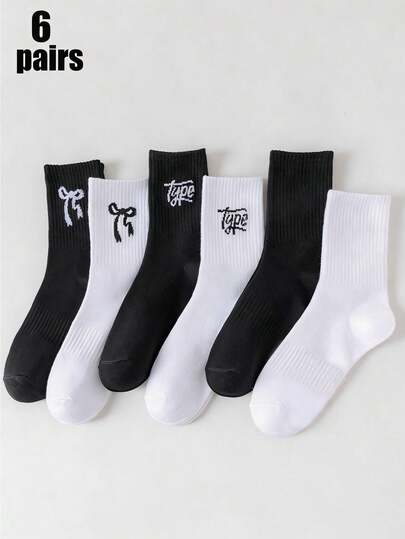 6双/4双黑白中筒袜，黑白蝴蝶结字母图案/纯色蝴蝶结字母图案，适合休闲、运动和居家穿着，四季皆宜，防滑、轻便、透气、时尚中筒袜，适合日常穿着，简约百搭，舒适柔软，适合日常休闲、运动、居家、通勤、聚会、送礼，四季皆宜。