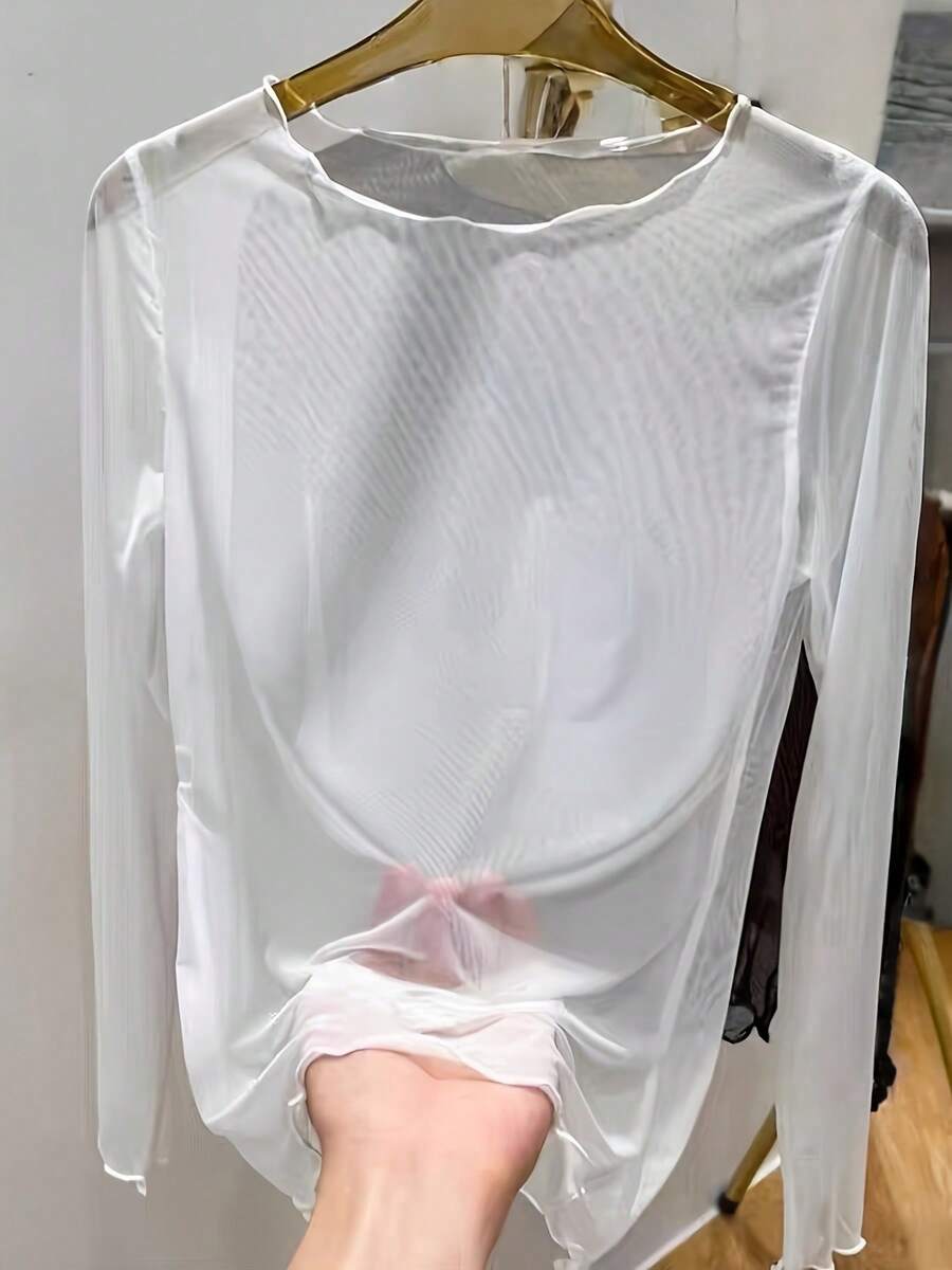 蕾丝透视网纱长袖上衣,百搭内搭或外穿,宽松版型,展现妈妈风范,春季休闲白色 - 白色 - 查看 1
