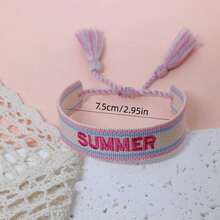 1pc Vintage Embroidered "SUMMER" Handmade Braided Boho Style Bracelet, Suitable For Family, Friends, Students, Travel, Party Wear - Multicolor - View 7