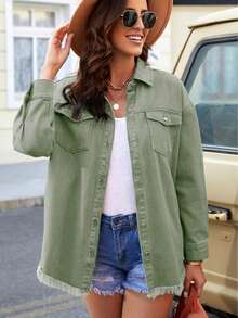 Women's Solid Color Casual Denim Jacket With Pockets & Frayed Edges, Long Sleeve, Spring Autumn - Green - View 2