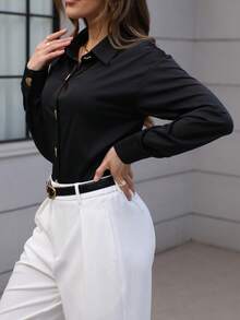 Women's Elegant Chic Versatile Heart Single-Breasted Long Sleeve Shirt Blouse, Solid Color With Zipper Spring Black - Black - View 1