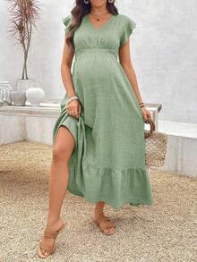 Maternity Casual Shirred Cap Sleeve Shirred Waist Ruffle Hem Dress - 綠色 - 查看 13