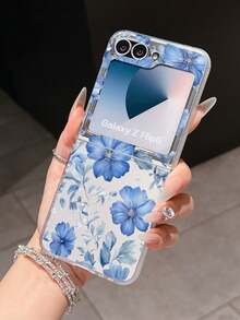 1pc Fashion Simple Matte PC Material Simple And Cute Blue Flower Element Folding Phone Case, Can Protect And Prevent Falling For: SamsungGalaxy Zflip 3/Zflip 4/Zflip 5/Zflip 6/Zflip 7/ Find N3 Flip/ Razr 50 Ultra/ Razr 60 Ultra/ 60/ Lola Razr 50/XiaomiMIX Flip/Galaxy Z Flip7 FE - Transparent Blue - View 8