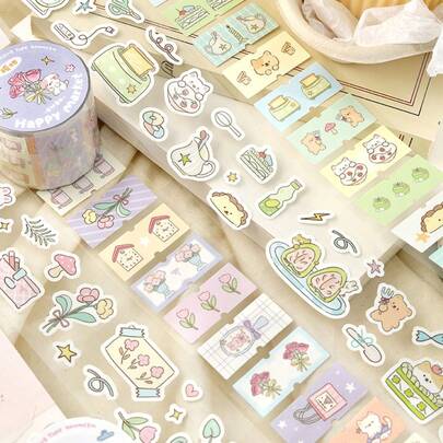 1卷合成纸模切和纸胶带，可爱动物和花卉花园主题贴纸，适用于剪贴簿、笔记本、相册、照片装饰，4种款式可选，返校季必备文具
