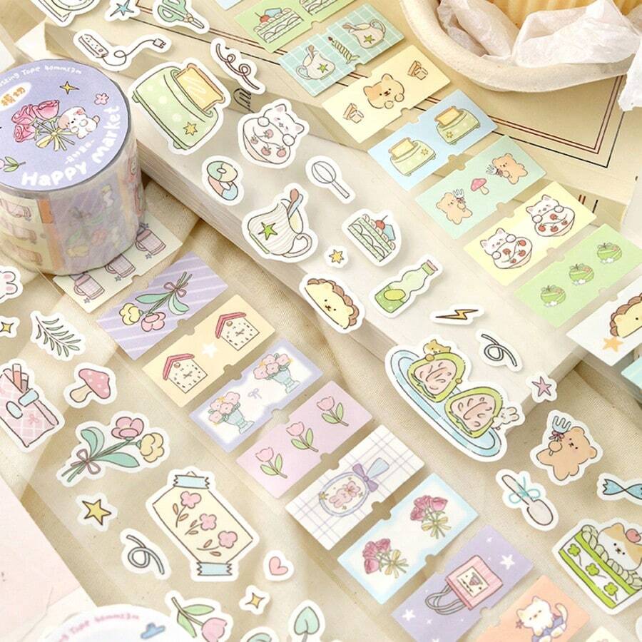 1卷合成纸模切和纸胶带，可爱动物和花卉花园主题贴纸，适用于剪贴簿、笔记本、相册、照片装饰，4种款式可选，返校季必备文具 - 1roll - 查看 1