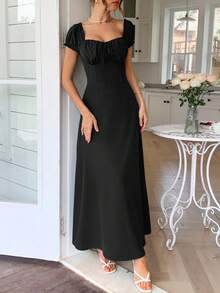 Đầm nữ PoPoHouse màu trơn phong cách Bohemian thanh lịch, cổ chữ V, thiết kế hở vai, chi tiết buộc dây phía sau, đầm đi biển rộng rãi thoải mái, đầm maxi nữ mùa xuân/hè màu đen. - màu đen - Xem 4
