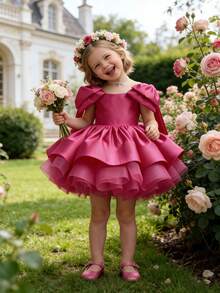 Baby Girls' Elegant Cute Bow Decor Sling Mesh Dress, Princess Dress For Birthday Party, Gathering, Vacation, Easter - Màu Hồng Tươi - Xem 3