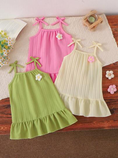 3pcs Baby Girl Bowknot Suspender Dress Set, Including Pink, Light Yellow And Green, With 3D Floral Decor, Vacation Style, Countryside Style, Casual, Suitable For Short Trips And Holidays. Afternoon Tea, Picnic, Party, Daily Outings, Outdoor Wear