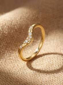 1件/套 925纯银扭纹水滴V形戒指，优雅派对/周年纪念礼物，女士珠宝 - 金色 - 查看 4