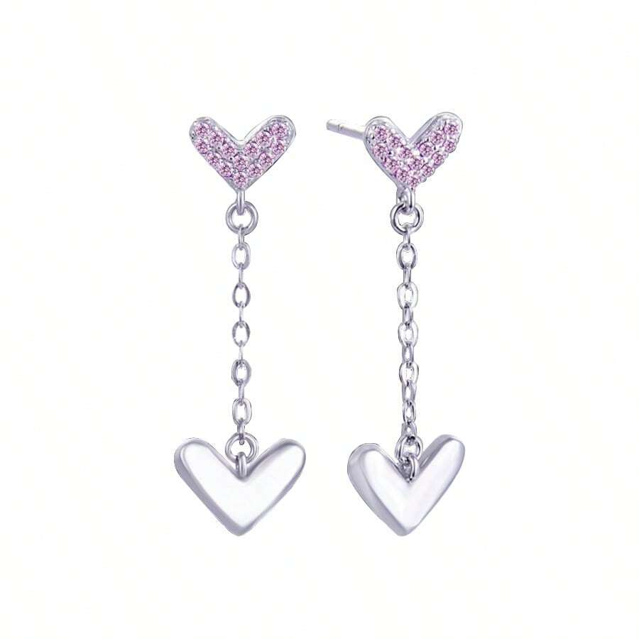纯银防过敏女士耳环，镶嵌立方氧化锆，心形水滴耳钉，时尚精致耳环，生日礼物 - 銀色 - 查看 1