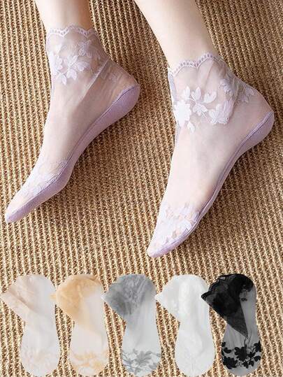 1/5/10 Đôi tất ngắn cổ thấp thoáng khí, co giãn, ren trong suốt, mỏng nhẹ, chống trượt dành cho nữ, màu trơn.