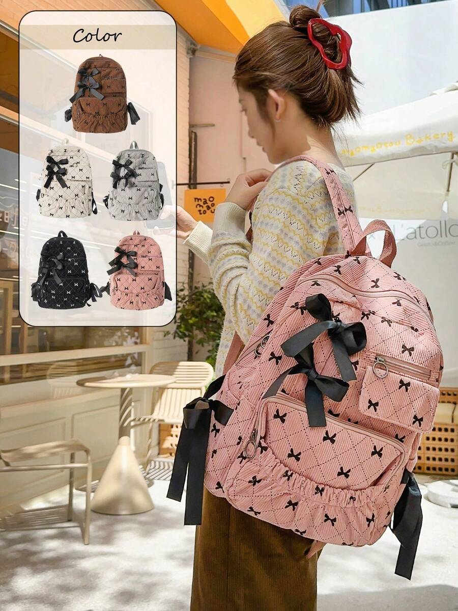 Large Capacity Corduroy Backpack With Bow Pattern, Korean Cute Style, Suitable For Women's Daily Commute And School Use - Multicolor - View 1