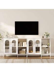39.4in armario buffet de aparador con estante de almacenamiento, armarios de almacenamiento de madera con 2 puertas de vidrio, dos manijas de metal dorado, moderno armario de aparador para comedor, sala de estar, cocina, entrada, pasillo - Blanco - Ver 5