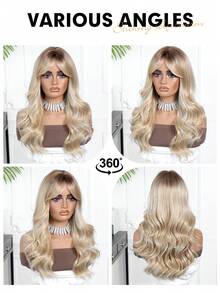 20 Inch Ombre Golden Wavy Bangs Medium Length Middle Part Curly Synthetic Heat Resistant Wig, Suitable For Daily Wear, Parties, Gifts For Girls, Summer Graduation, Ready-To-Gift, Halloween & Christmas Gifts - Tóc vàng ombre - Xem 9