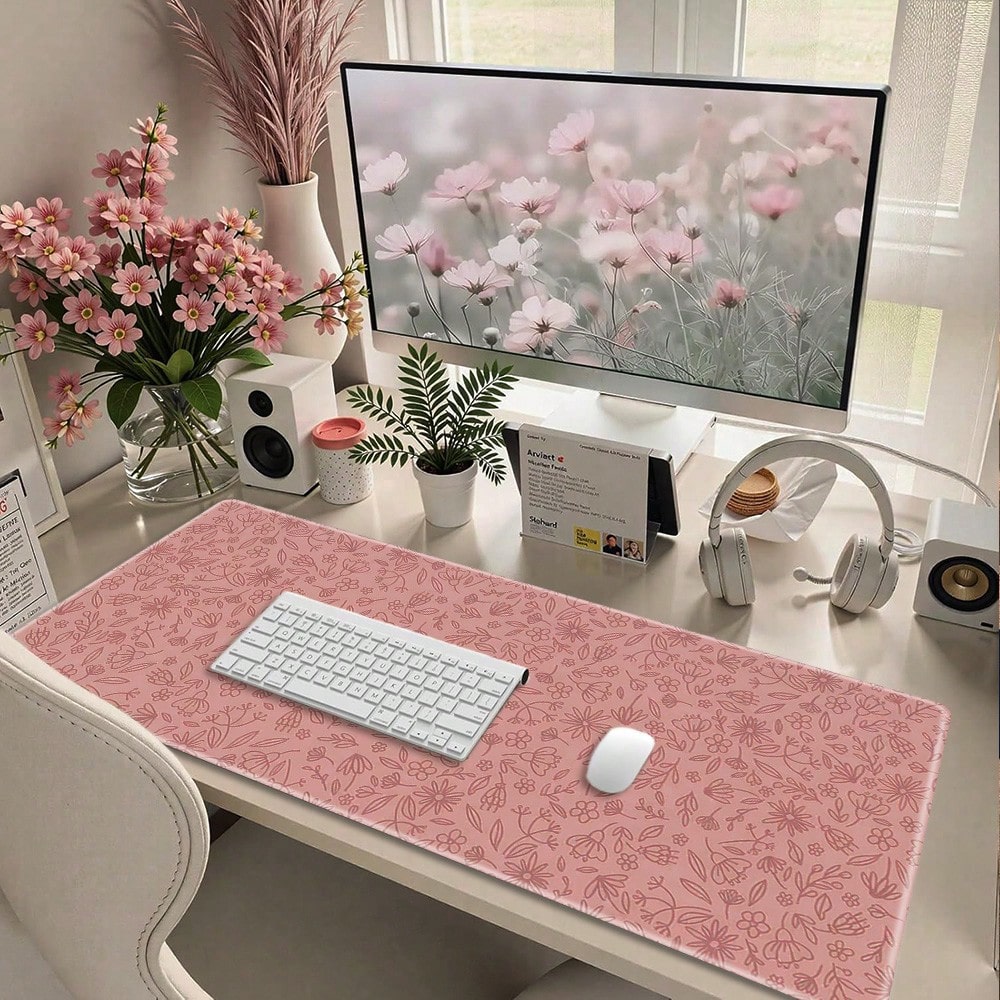 Pink Floral Desk Mat. Remote Work Desk Pad. Anti-Slip Extra Large Mouse Pad Doubles As Keyboard Pad. Big Size Desk Mat. Office Gaming Mouse Pad Desk Accessories Computer Accessories Non-Slip Base And Stitched Edges Keyboard Mouse Pad Computer Desk Mat For Gaming And Office