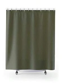 Green Stripes Shower Curtain, Modern Farmhouse Bathroom Decor, Japandi Minimalist Fabric Curtain, Elegant Neutral Stripe Design G7CS - A - View 3