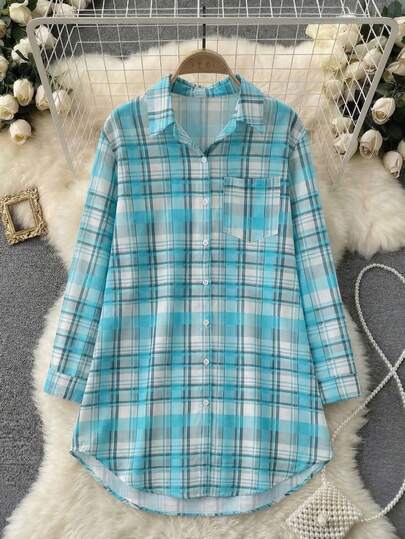 Đầm sơ mi dài tay kẻ caro dáng rộng dành cho nữ, cài cúc phía trước, có túi, cổ ve áo, chất liệu polyester, kiểu dáng thường ngày, thích hợp cho mùa xuân.
