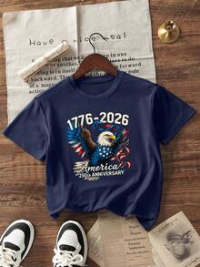Women's Summer New Simple Fashion Slogan Print Casual Vacation Loose Fit Round Neck Short Sleeve T-Shirt, Fashionable Everyday Top, Suitable For Daily And Vacation Wear. Women's T-Shirt Top. - Navy Blue - View 3