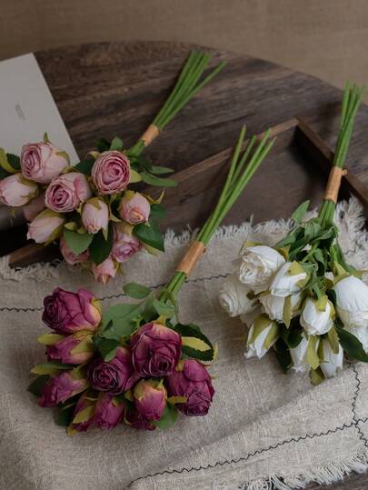 6支/套 人造12头玫瑰花束，家居装饰，摄影道具，婚礼花束