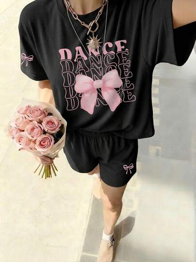 2pcs/Set Girls Casual Chic Summer Outfit, Black Short Sleeve T-Shirt Paired With Shorts, Pink Butterfly Print With Side Tie Design, Comfortable Versatile Streetwear Set