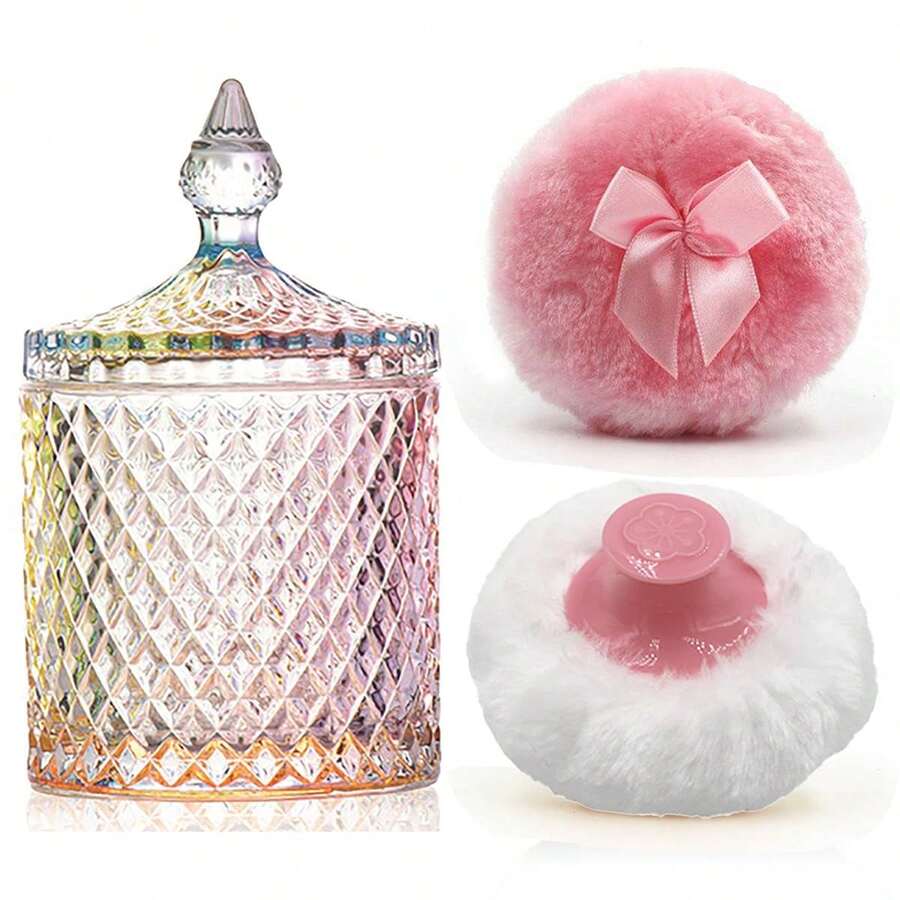 Luxury 4 Inch Glass Powder Container With 2 Soft Puffs For Loose Powder - 1 Handle 1 Bow Pink Puffs With Pointed Cylinder-colorful-large - View 1