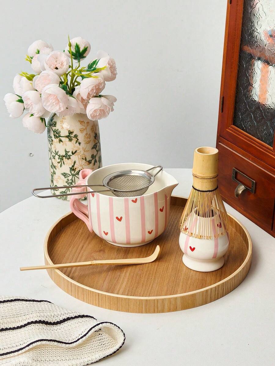 1件/2件/4件/5件套新款蝴蝶结爱心条纹抹茶套装，创意蝴蝶结手柄，经典条纹系列，高品质抹茶工具套装，包含抹茶碗、打蛋器、竹勺、筛子，适合抹茶爱好者和初学者，母亲节、长辈、情人节的绝佳礼物 - 彩色 - 查看 1