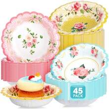 Domensi - Cuencos de papel floral de 12 onzas cuencos desechables de papel floral clásico color rosa azul amarillo flores cuencos desechables para comida caliente para fiestas de té bodas - rosa azul amarillo - Ver 7