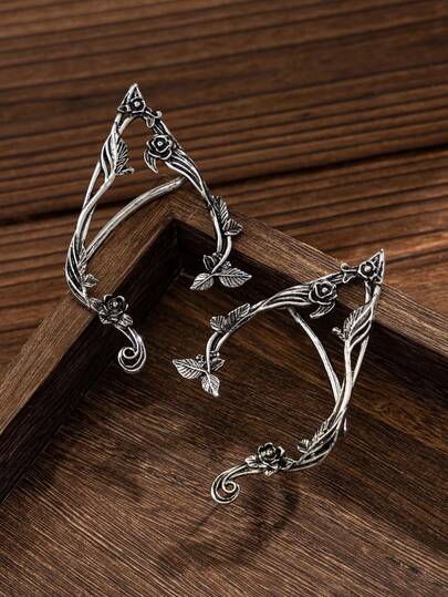 1 Pair/Set Vintage Rose Fairy Earrings, Lightweight Floral Ear Clips, Perfect For Parties, Cosplay, Daily Wear And Elf-Themed Outfits, Ideal Party Accessories, Bridal Wedding Earrings, Handmade, Also An Ideal Holiday Gift