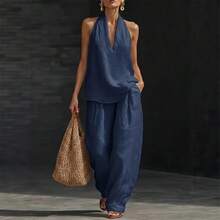 2026 Spring And Summer French Temperament Neck V-Neck Leaking Back Top, Cool Feeling Comfortable And Thin Wide-Leg Pants Set,Trajes Elegantes De Mujer,Conjunto De Dos Piezas Mujer - 白色 - 查看 5