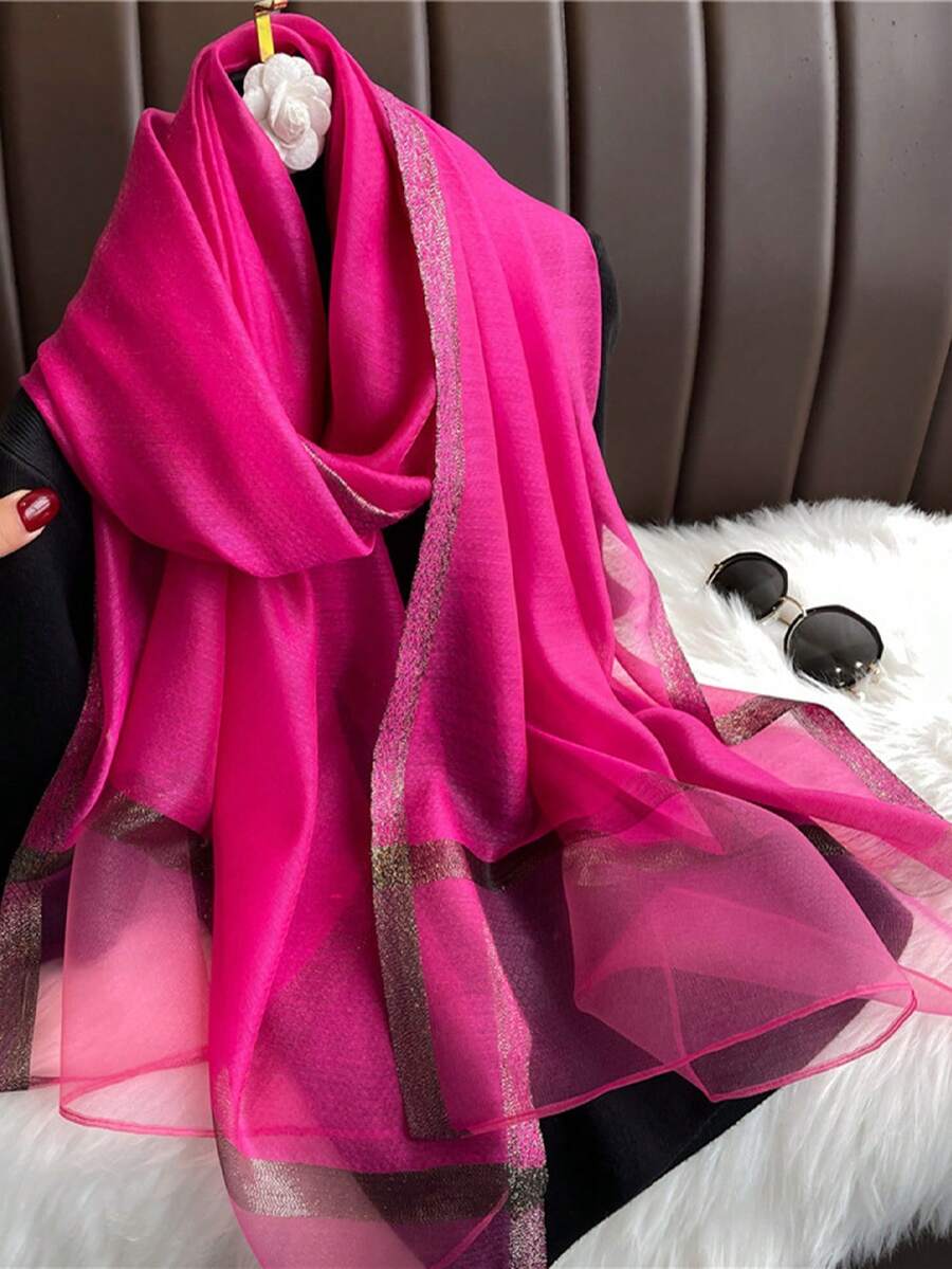 1 chiếc khăn choàng dài cỡ lớn kiểu Hàn Quốc, chất liệu giả satin cao cấp, đính kim sa vàng, màu trơn, giữ ấm cổ, khăn trùm đầu thời trang đi biển cho nữ, phụ kiện trang trí mới, phù hợp cho mặc hàng ngày và dịp lễ. - Màu Hồng Tươi - Xem 1