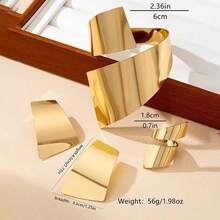 Bộ trang sức kim loại thời trang hình học phóng đại, gồm bông tai, nhẫn và vòng tay, thích hợp đeo hàng ngày và làm quà tặng dịp lễ cho nữ. - Vàng - Xem 2