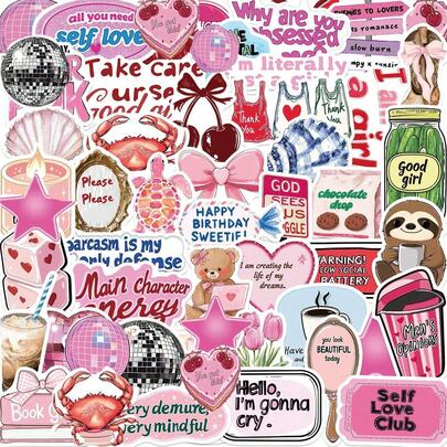 50张粉色生活用品贴纸，涂鸦贴纸，可用于装饰行李箱、自行车、水瓶、DIY滑板、头盔，自粘式