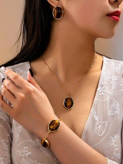 1 Set de Joyería de Ojo de Tigre (Imitación) con Collar, Aretes y Pulsera, Elegante para Uso Diario para Mujeres