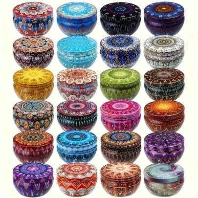 8pcs Iron Craft Candle Jar With Lid, 2.2oz Multicolor Printed Empty Container, Suitable For Candle Making, DIY Candy Storage Jar, Party Gifts, Christmas And Holiday Decorations, Mixed Color Set