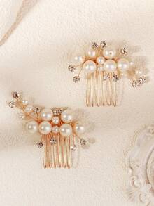 2件套迷你珍珠水晶发梳，优雅金色婚礼发夹，新娘伴娘花童小巧头饰 - 金色 - 查看 10