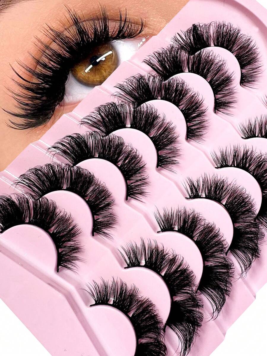 7 Pairs/Pack DD Curl Russian False Eyelashes, Thick Curled Fluffy, 3D Faux Mink Lashes, Cat Eye Effect, 8D Lengthening & Volumizing Lashes, Lift Eyes, Extend & Thicken Lash Tips, Create Delicate Makeup - Black - View 1